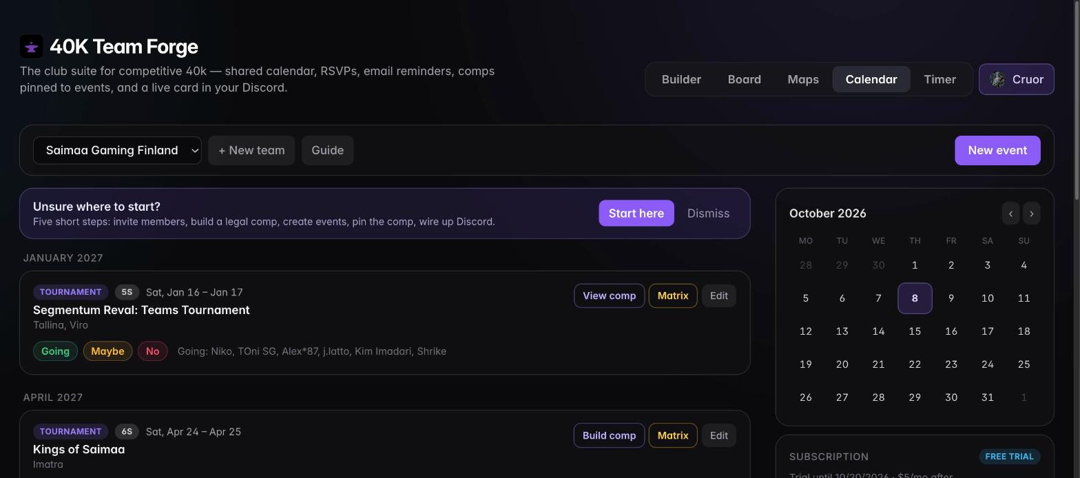 The club calendar with a tournament event, RSVPs, and View comp, Matrix and Edit buttons