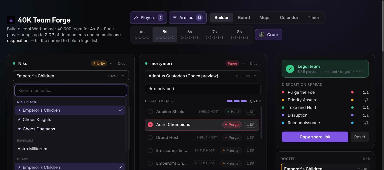 The Builder with a legal 5-player comp and the faction picker open, showing the player's declared armies first
